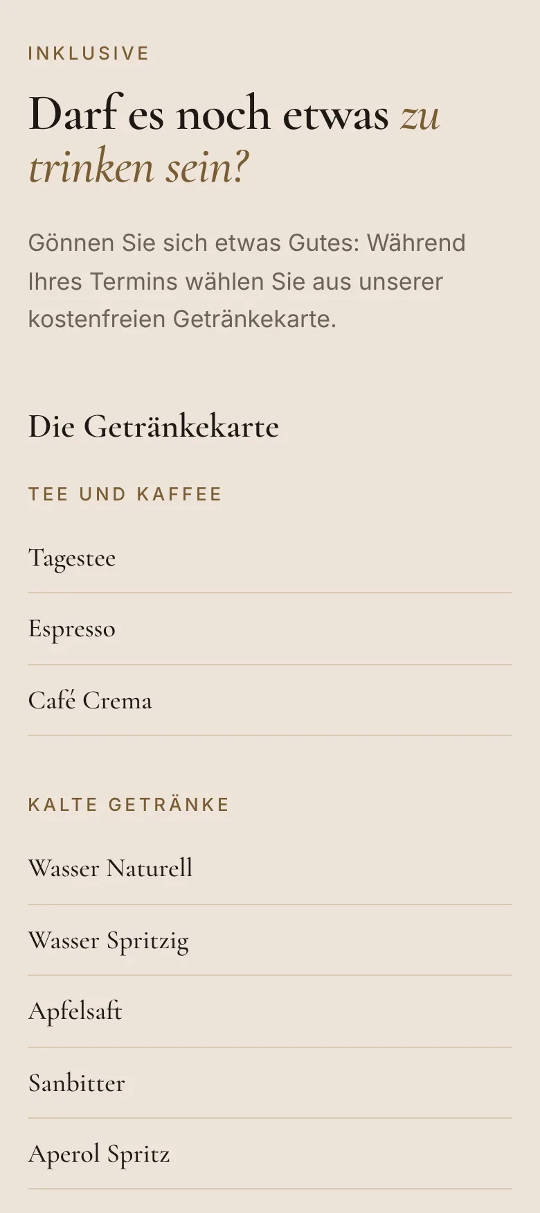 Getränkekarte auf der neuen Website von Cultura Capelli Hair & Head Spa, erstellt von Arvello
