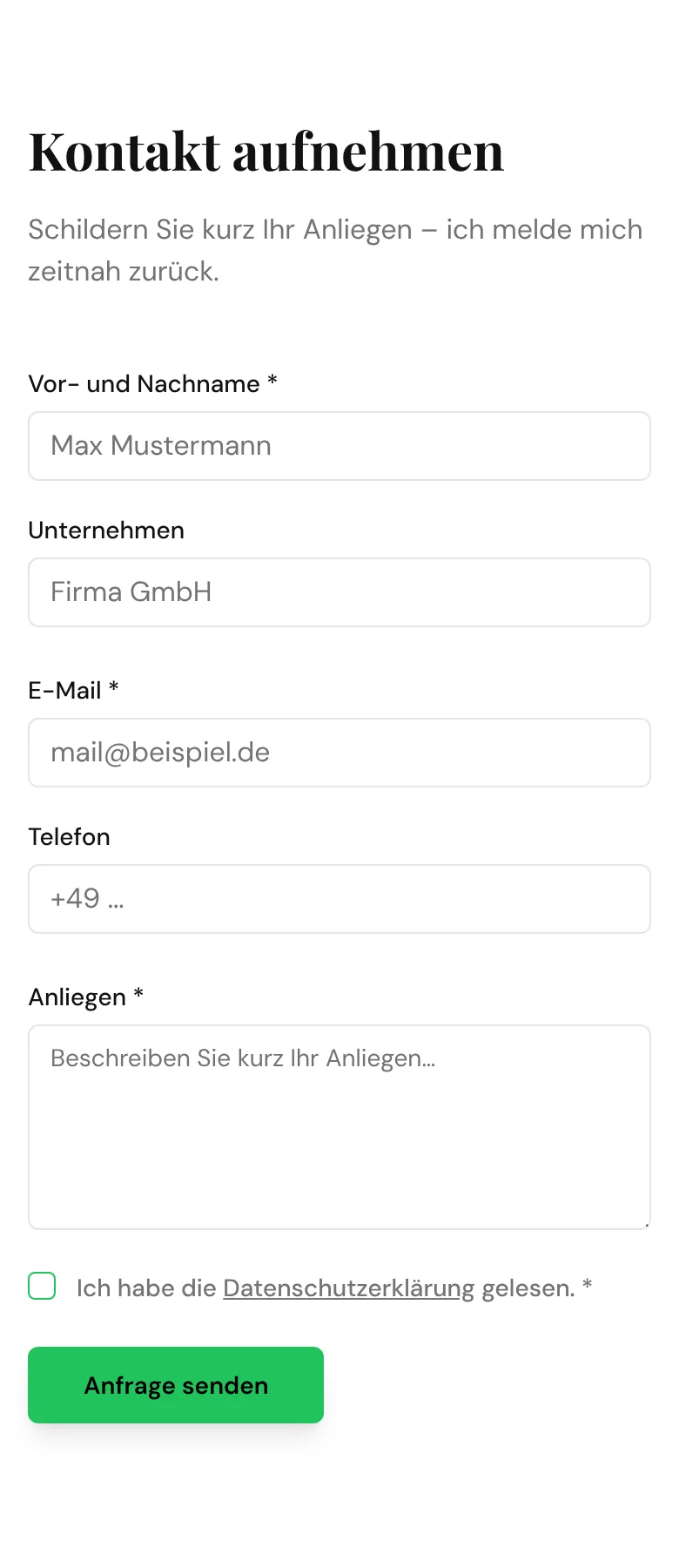 Kontaktformular der Website von Bialek Buchhaltungsservice, erstellt von Arvello